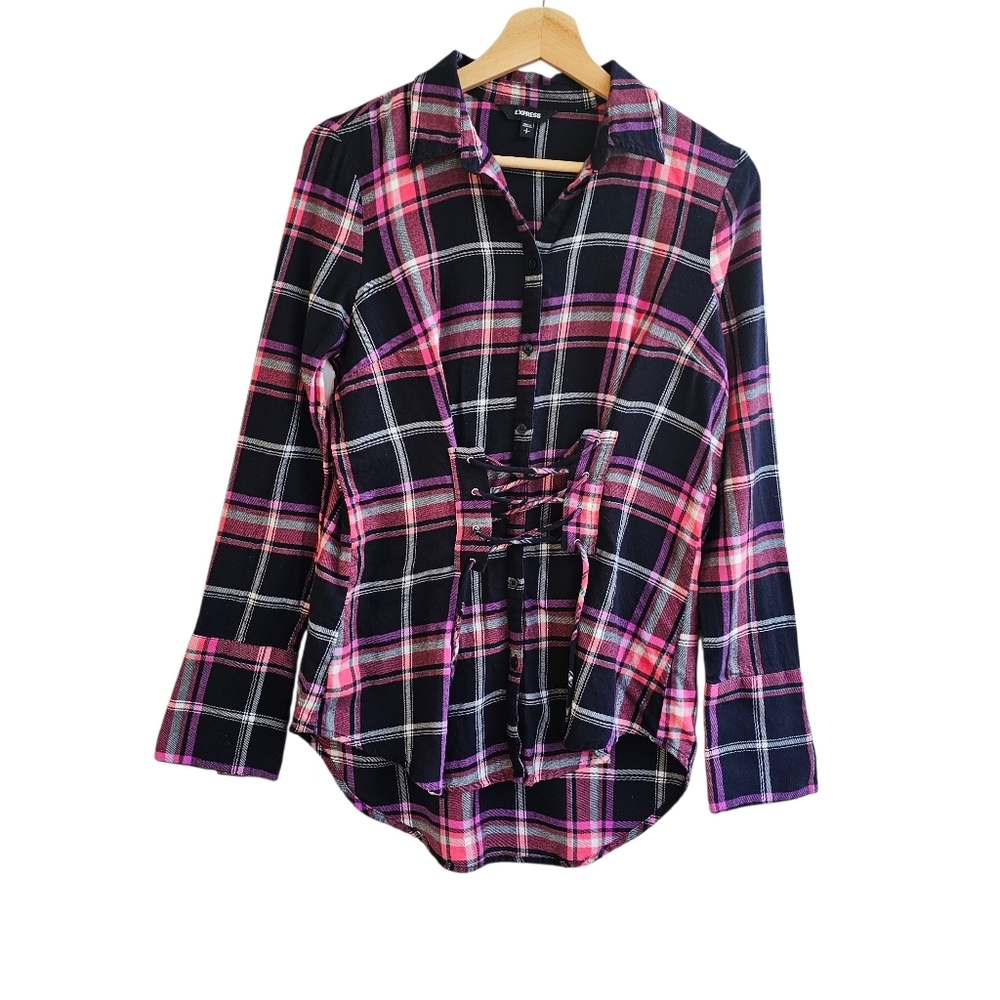 EXPRESS Pink Purple Plaid Flannel Corset Lace-Up Button-Down Shirt Size Small - Picture 2 of 12